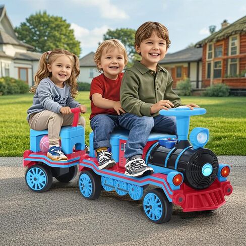 JOYLDIAS 2 Seater Ride On Train with Detachable Carriage, 12V Kids Ride On Toy with Music, Train Honk, Lights, High/Low Speed and Storage, Electric Car for Kids Aged 3+, Blue in Saudi Arabia