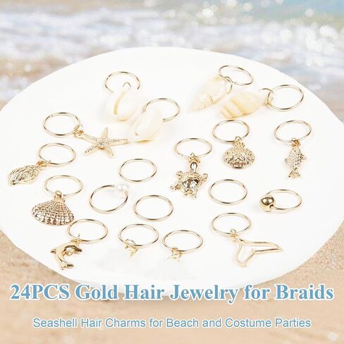 24pcs Seashell Conch Starfish LOC Hair Charms Gold Hair Jewelry for Summer Summer Beach Style Astricle Hair Hair Olkents Starfish Clips Seashell Twers Exclips for Women Halloween Decore ، Style2 in Kuwait