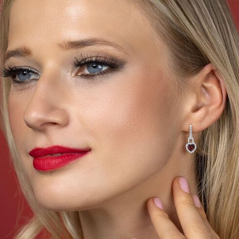 Gem Stone King 925 Sterling Silver Red Garnet and White Created Sapphire Dangle Earrings For Women (2.30 Cttw, Gemstone January Birthstone, Heart Shape 6MM) in Saudi Arabia