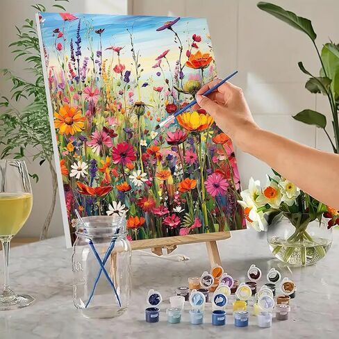 MaiMMaledy Paint by Numbers Kit for Adults Beginners Canvas Pictures with Framed Drawing Painting Acrylic Pigment with Wooden Triangle Easel Colorful Flowers 8Wx12L inch in Saudi Arabia