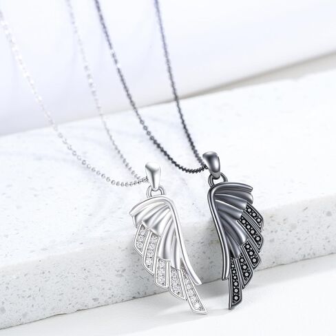 CUOKA MIRACLE Couple Wings Necklace, 925 Sterling Silver Couple Jewelry Guardian Angel Wings His and Her Matching Jewelry Wings Inlay Zircon Black and White Angel Pendant Gift for Couples Best Friends in Saudi Arabia