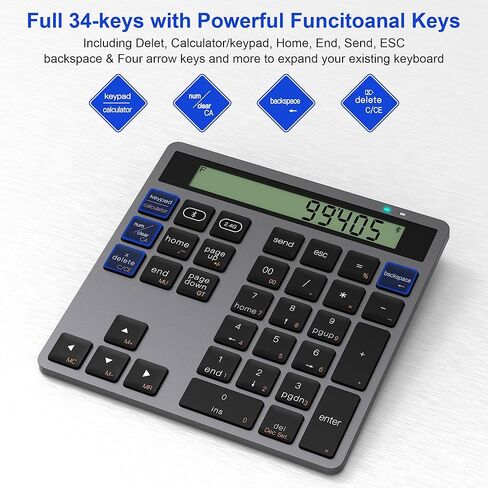 لوحة مفاتيح رقمية بلوتوث، لوحة مفاتيح لاسلكية 34 مفتاحًا لوحة أرقام خارجية للكمبيوتر المحمول والكمبيوتر اللوحي والهاتف الذكي iPad المتوافقة مع MacBook Windows Surface Pro in Kuwait