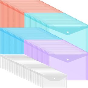 Faccito 100 Pcs Clear Plastic Envelopes Poly Envelopes Morandi Color Document Folders with Snap Button Closure A4 & A6 Size Letter Size Plastic File Folders for Home Office Organization, 5 Colors