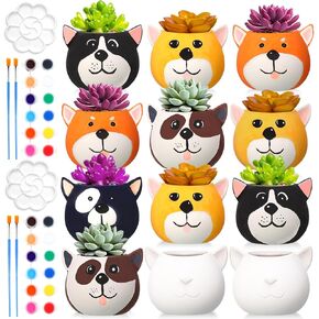 Pasimy 12 Set DIY Ceramic Succulent Pots Ready to Paint Your Own Flower Pots Craft Kit Unpainted Bisque with Brush Palette Ceramics to Paint for Family Activity Craft Project Birthday Gift(Dog)