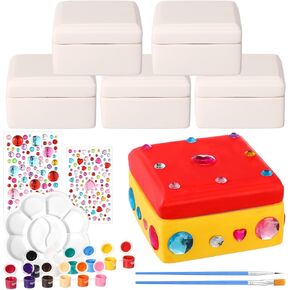 Teenyyou 14 Pcs Paint Your Own Ceramic Jewelry Boxes Craft Set Include 6 Unpainted Jewelry Storage Organizer 2 Strips of Paints with 2 Brushes 1 Palette 3 Diamond Stickers(Unfinished Square)