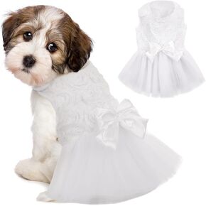 IDOMIK Dog Wedding Dress Puppy Bowknot Princess Skirt, Pet Bride Pure White Lace Tutu Formal Dress Flower Bubble Skirt Tulle Ruffle Sundress Vest Shirts, Birthday Party Costume for Small Dog Apparel M