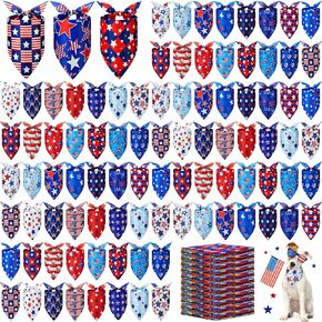 200 Pcs 4th of July Dog Bandanas Bulk Patriotic American Flag Star Bandanas for Dogs Red White and Blue Triangle Kerchief Scarf Bibs Set for Puppy Doggie Independence Day Costume Accessories