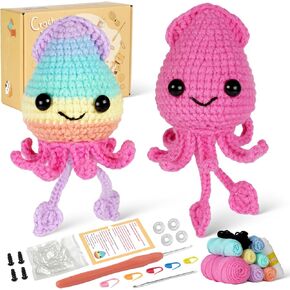 Wekity Crochet Kit for Beginners,DIY Knitting Colorful Squid with Step-by-Step Video Tutorials,Learn to Knit Kits for Adults Beginner,Crochet Animal Kit
