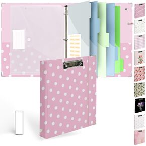 3 Ring Binder 1 inch with Clipboard - White & Pink Bow Design, Includes Dividers, File Bag & Spine Label - Classic and Elegant for School or Work, Holographic Waterproof Film