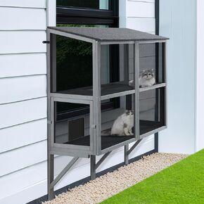 beeNbkks Bug Proof Cat Catio, 2 Tiers Window Box Enclosure for Multiple Indoor Cats, Expandable Wooden Cat Window Perch House, Secure Comfortable Outdoor Haven for Cats, Keep Bugs Insects Out
