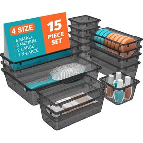 15 PCS Clear Plastic Drawer Organizer Set, 4-Size Acrylic Drawer Storage Trays, Storage Bins for Makeup, Gadgets, and Jewelry in Bathroom, Bedroom and Office, Clear Black in Kuwait