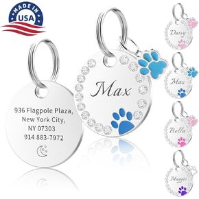 Dog Tags Personalized for Pets, Personalized Pet ID Tags for Dogs and Cats, Cute Paw Print Customized Engraving Nameplate Pet ID Tag with Custom Text (Pink)