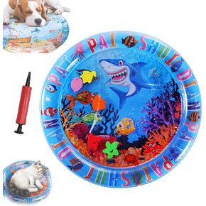 Pet Water Bed, Thickened Water Sensory Play Mat for Cats Dog, Waterbed Toy with Fish, Washable Inflatable Playmat, Puncture Proof Cooling Mat for Pet, Feel Cool Comfort (Small Round Model B)