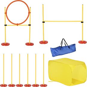 4-Piece Dog Agility Training Equipment, Obstacle Course with Tunnel, Hurdle, Hoop, Weave Poles & Carry Case