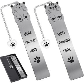 Cute Cat Metal Bookmark - 2 PCs You Pawsed Here Bookmarks for Kids Teens Cat Lovers Gifts Funny Book Marks Pendant Box for Reading Reader Boys Girls School Christmas Thanksgiving Birthday