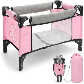 deAO Baby Doll Crib Set Foldable Baby Doll Bed with Storage Bag, Crib Toys Doll Furniture for 17-21" Doll Accessories, Christmas Birthday Pretend Play Gift for Kids Toddler