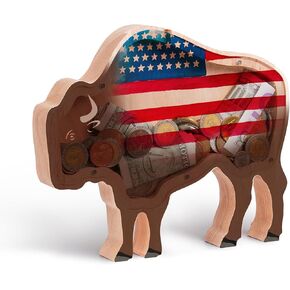 Wooden Bison Piggy Banks for Kids Money Coin Bank, Cute Unbreakable Piggy Bank Kids Safe Money Box, Toddler Birthday Baptism Gifts for Girls Boys Bull Cow Lovers