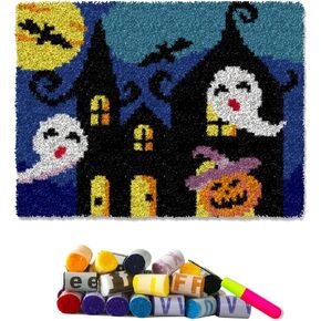 DL-YTG Latch Hook Kits Rug Halloween Crochet Yarn Cushion Colour Pre-Printed Canvas Cover Rug Needlework DIY Hook and Latch Kit Home Decoration 52x38cm/20 X15inch