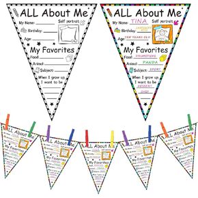 Seajan 36 Pcs Read All About Me Students Posters Elementary Banner Pennants 7 × 9" First Day of School Poster Bulletin Board Display Set for School Students Classroom Party Supplies