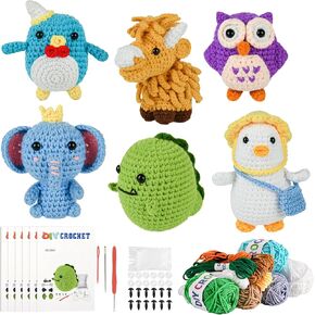 Fekvcixz 6PCS Crochet Kit for Beginners, 2025 DIY Craft for Adults and Kids, Great Gift for Crochet Lovers, Crocheting Animal Kits with Step by Step Videos,Yarn,Crochet Hook,Birthday Holiday Gift