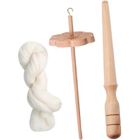 Drop Spindle Yarn Wheel with Winder Stick Crafting Supply Wooden Hand Carved for Felting, with Wool Strips
