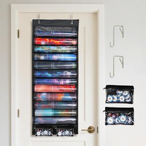 Playmat Tube Storage Bag Holds 12 Playmats,MTG Playmat Holder with Transparent Slots & 2 Detachable Dice Pouches,Hanging TCG/RPG Game Mat Organizer with Door Hooks & Wall Mount（12 Tubes, Black）