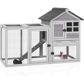 Aivituvin 51.6''L Rabbit Hutch Outdoor Chicken Coop Indoor Bunny Cage with Run,Guinea Pig House Pull Out Upper Tray 51.6" L x 25.2" W x 36.2" H (Brown)