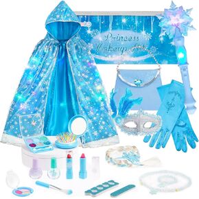 Frozen Toys for Girls-Princess Dress Up Set, 3 Lighting Mode Princess Cape, Music & Lighting Wand, Makeup Kit, Bag, Mask, Gloves, Dress-up Accessories for Princess Cosplay Costume for Age 3+