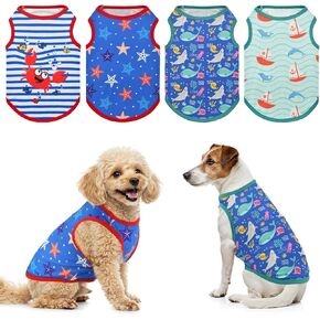 4-Pack Dog Ocean Style Shirts Puppy Summer Tank Tops Cute Ocean Animals Sailboat Pattern Outfits for for Small Dogs Boy Girl Dog Cooling Clothes for Small Medium Dogs M