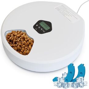Automatic Cat Feeder for Wet & Dry Food, 5 Meal Timed Pet Food Dispenser with 2 Ice Packs, Rechargeable Programmable Timer Battery Operated Auto Feeder for Kitten/Small Dog