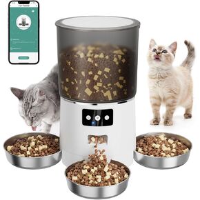Automatic Cat Feeder with 3 Bowls, Smart APP-Controlled Pet Feeder for Multi-Cat Households – 6L Large Capacity, Anti-Jam & Voice Recorder, Lock Design, Dry Food Dispenser for Cats, White