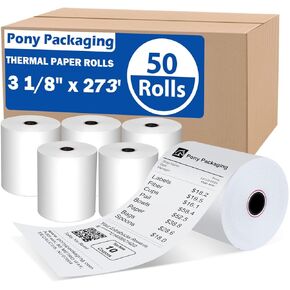 (50 Rolls) 3 1/8 x 273 Thermal Paper Rolls, BPA Free Thermal Receipt Paper Rolls, Fits All POS Cash Registers Thermal Paper Receipt Roll Pony Packaging