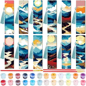 Kosiz 12 Pcs Mountain Paint by Numbers Kit for Adults Wood Bookmarks Painting Colorful Tassels Blank Bookmarks Ornament DIY Sunset Painting Decor for Book Lovers Wedding Birthday Craft Gift 7x2 ''