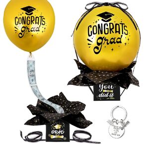 Graduation Gift Pull Money Balloon Box - Surprise Cash Holder Set, Class of 2025 High School College Grad Party Decorations Supplies(Gold)