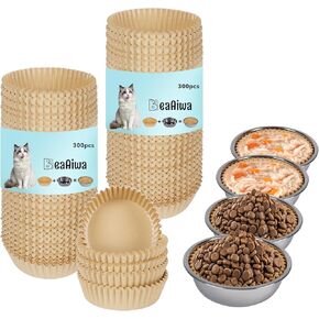 Disposable Cat Food Bowl Set (300 Pcs Small Paper Bowls + 2 Pcs Stainless Steel Pet Bowls) Dog Disposable Bowls Disposable Cat Plates for Wet Food Pet Food Bowl for Pet Feeding Station(White)