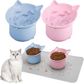 2 Pack Slow Feeder Cat Bowls, Tilted Raised Pet Bowl with Non-Slip Silicone Base for Digestion & Anti-Vomit, Pink & Blue