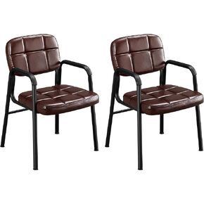 Yaheetech 2PCS Office Guest Reception Chairs Leather Waiting Room Executive Office Chair Ergonomic Upholstered Armchair with Metal Frame, Leather Seat, Brown