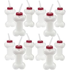 Fun Express 12 Count Dog Bone Cups with 7.5 inch Straws - 14 oz Bone-Shaped Cups - Puppy Dog Birthday Party Supplies and Favors