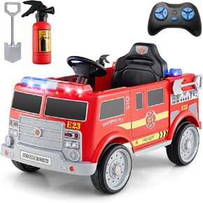 Costzon Kids Ride on Fire Truck, 12V Battery Powered Fire Car w/Remote Control, Extinguisher, Shovel, Loudspeaker, Music, Sirens, Lights & Wireless Connection, Electric Vehicle for Kids(Fire Truck)