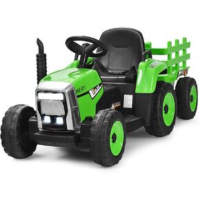 Costzon Ride on Tractor with Detachable Trailer, 12V Kids' Electric Vehicles w/3-Gear-Shift Ground Loader, Wireless Design & USB, 7 LED Headlights, Remote Control Tractor Toys for Kids 3+ (Green)