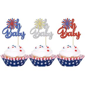 24Pcs Independence Day Oh Baby Cupcake Toppers Firework Babyshower 4th of July Cupcake Picks for Independence Day 4th of July Party Supplies Favors