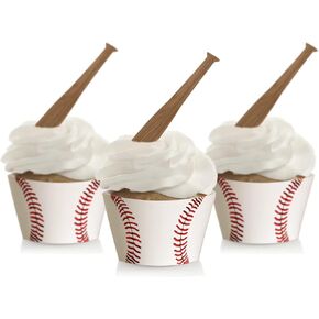 Baseball Cupcake Wrappers+Baseball Bat Cupcake Toppers,Baseball Party Decorations-24PCS