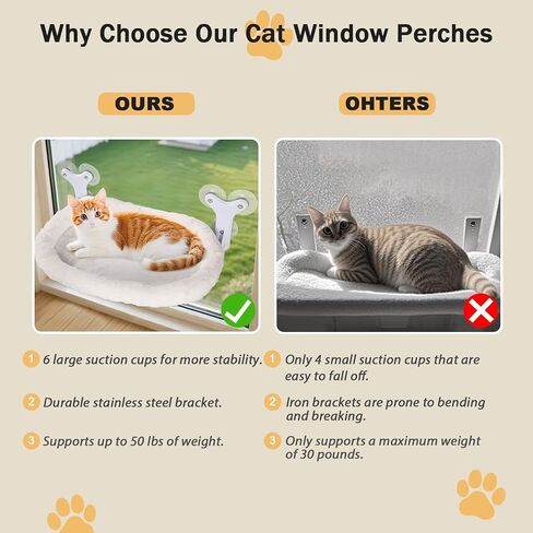 Cat Window Perch with 6 Strong Suction Cups,Includes Summer and Winter Removable Cushion - No Drill Installation,50LBS Support Foldable Cordless Cat Beds for Indoor Cats(Medium) in Saudi Arabia