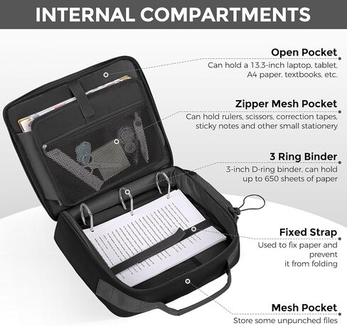 SKYDUE 3-Inch 650-Sheet Zipper Binder with Adjustable Shoulder Strap & Handle, 3-Ring Zip Up Binder for Office, Multi-Pocket Binder with Dual Zipper Closure (Pink) in Saudi Arabia
