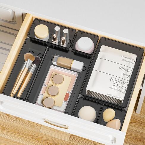 15 PCS Clear Plastic Drawer Organizer Set, 4-Size Acrylic Drawer Storage Trays, Storage Bins for Makeup, Gadgets, and Jewelry in Bathroom, Bedroom and Office, Clear Black in Kuwait