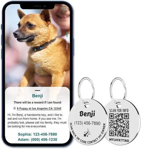 MYLUCKYTAG Personalized Pet ID Tags Dog Tags - Stainless Steel QR Code ID Tags - Pet Online Profile - Send Pet Location Alert Email When Scanning in Kuwait