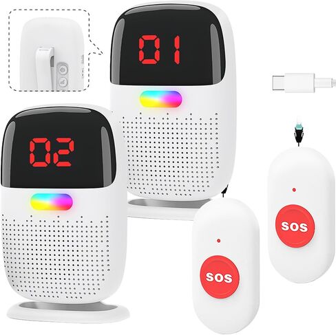 Caregiver Pager System with Digital Display for Elderly Assistance, Fall Prevention, and Nurse Calling，Wearable Wireless Pager for Patient Help at Home (2 Call Buttons + 2 Receivers) in Saudi Arabia