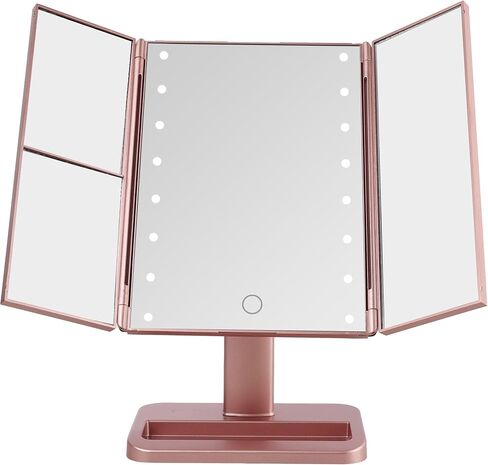 مرآة MELANNCO بيضاء ثلاثية الطي LED، 3 تكبيرات وأضواء LED قابلة للتعتيم، مرآة مكياج مضاءة، تحكم باللمس in Saudi Arabia