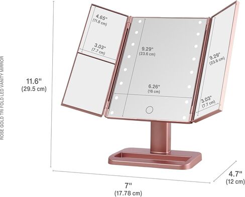 مرآة MELANNCO بيضاء ثلاثية الطي LED، 3 تكبيرات وأضواء LED قابلة للتعتيم، مرآة مكياج مضاءة، تحكم باللمس in Saudi Arabia