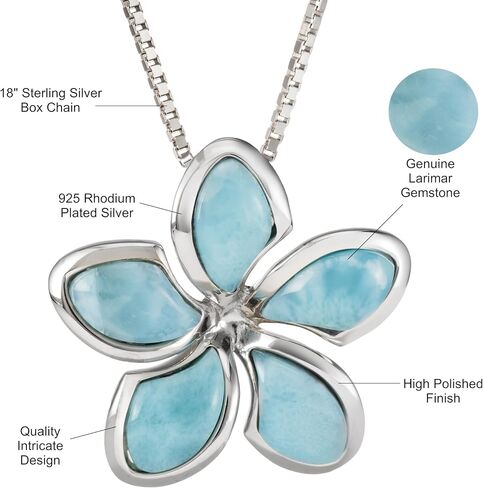 Sterling Silver Natural Larimar Plumeria Flower Necklace Pendant with 18" Box Chain in Saudi Arabia